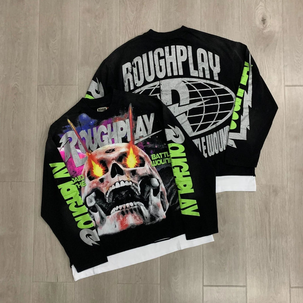 RoughPlay Washed Black Patchwork Long-Sleeved Round-Neck Shirt