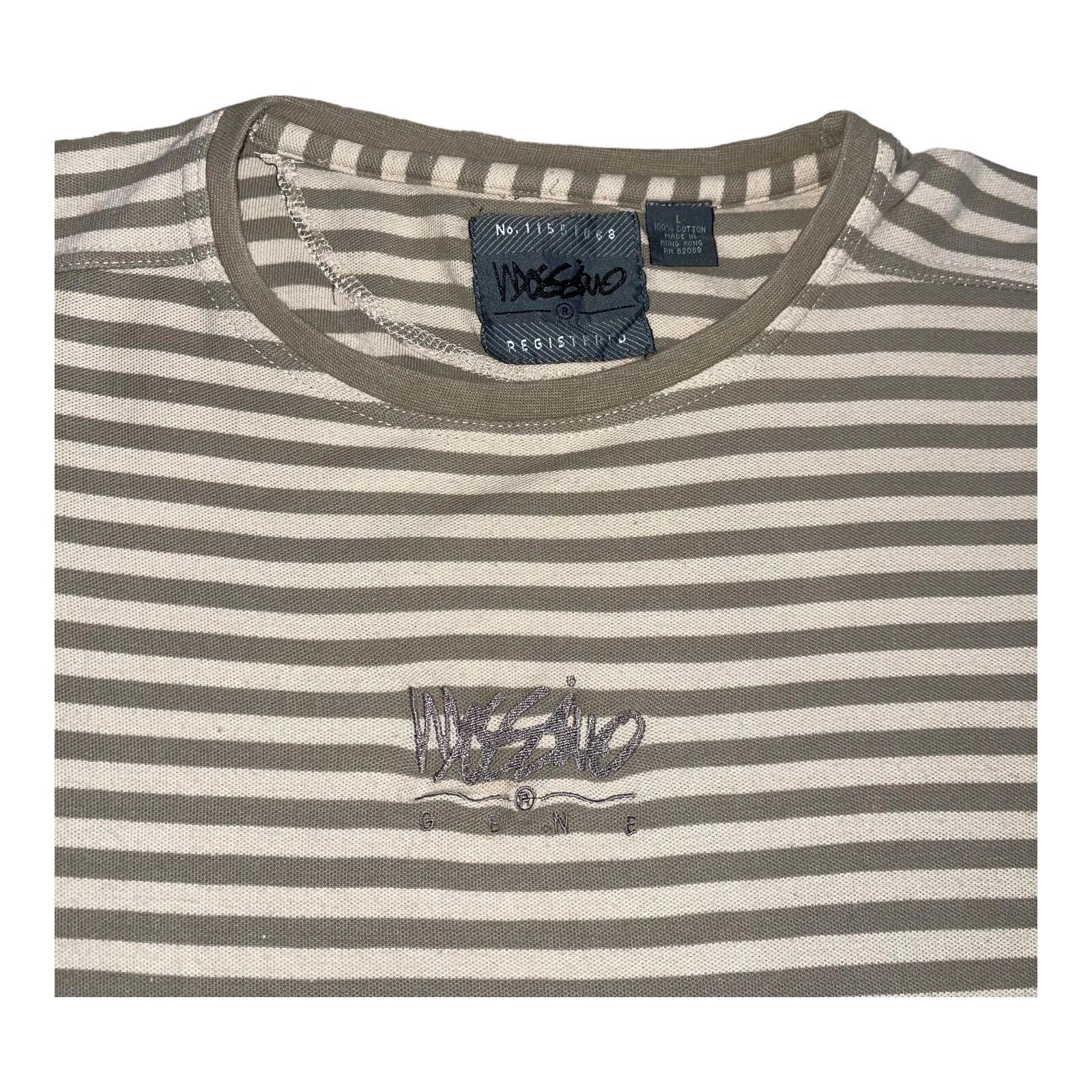 Vintage Mossimo T Shirt Center Graffiti Logo Embroidered Size Large Striped Tee