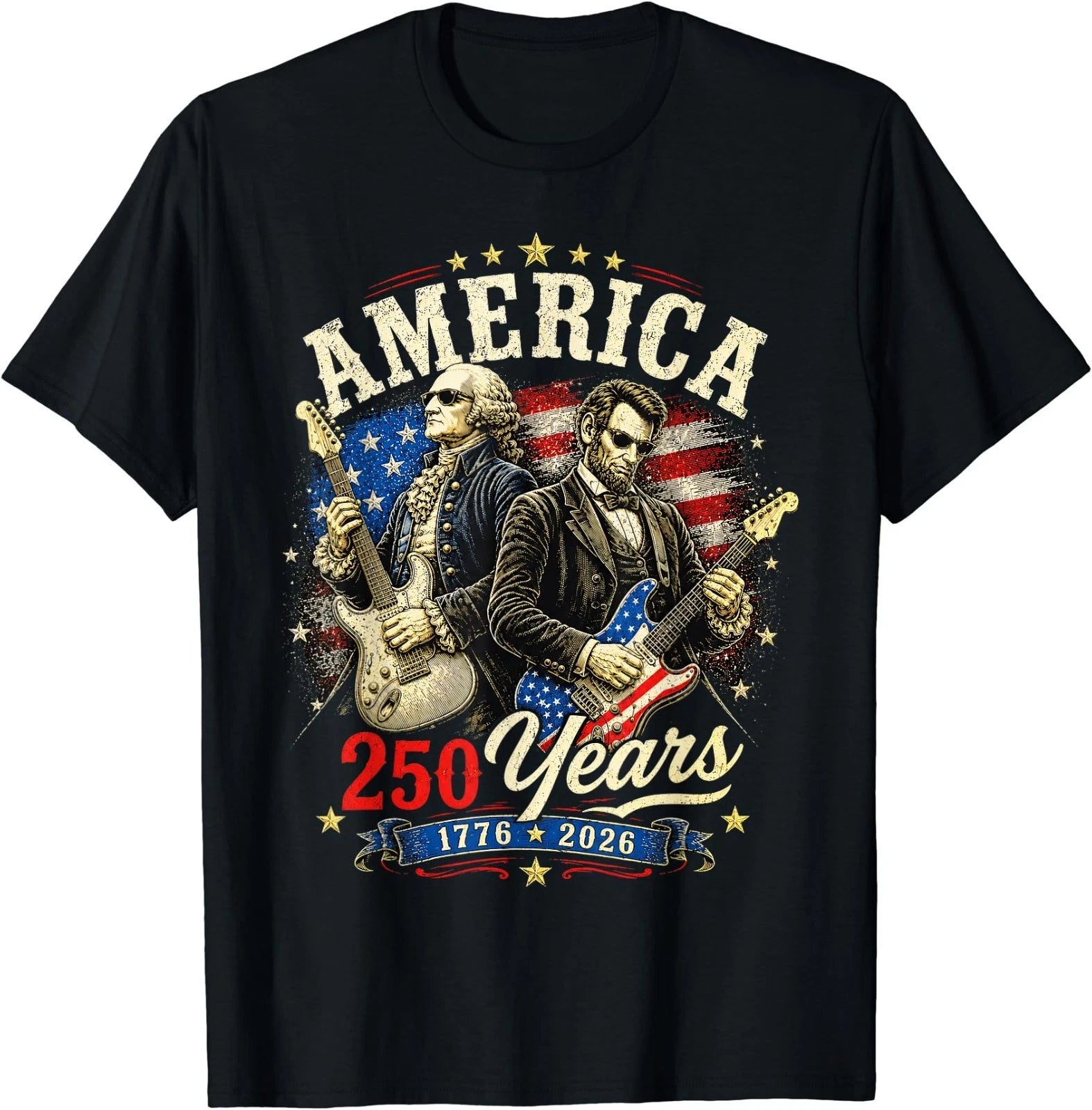George Washington Lincoln Playing Guitar, 250th Anniversary T-Shirt