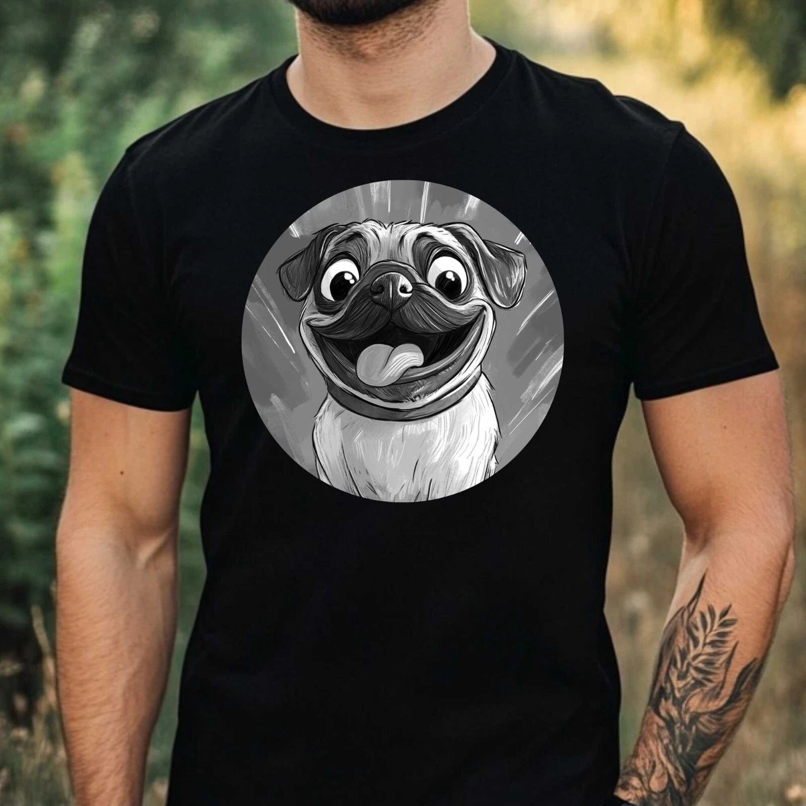 Mens Happy Pug Motif Cotton T-Shirt Size XS to 5XL