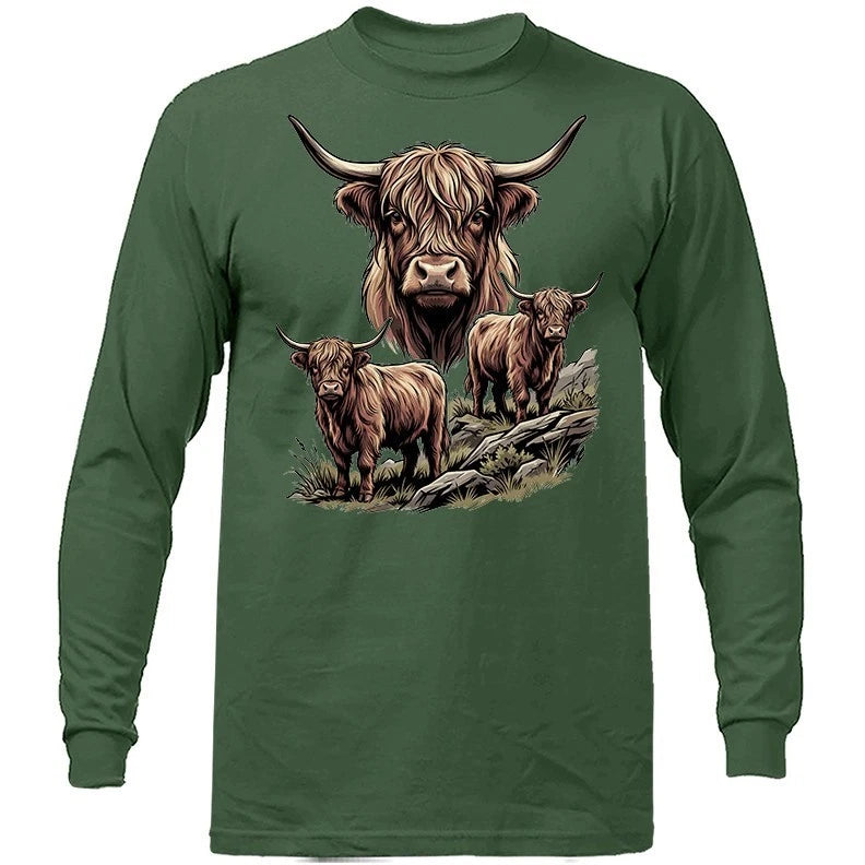 Highland Cattle Trio Nature Wildlife Cow Art Long Sleeve T-Shirt
