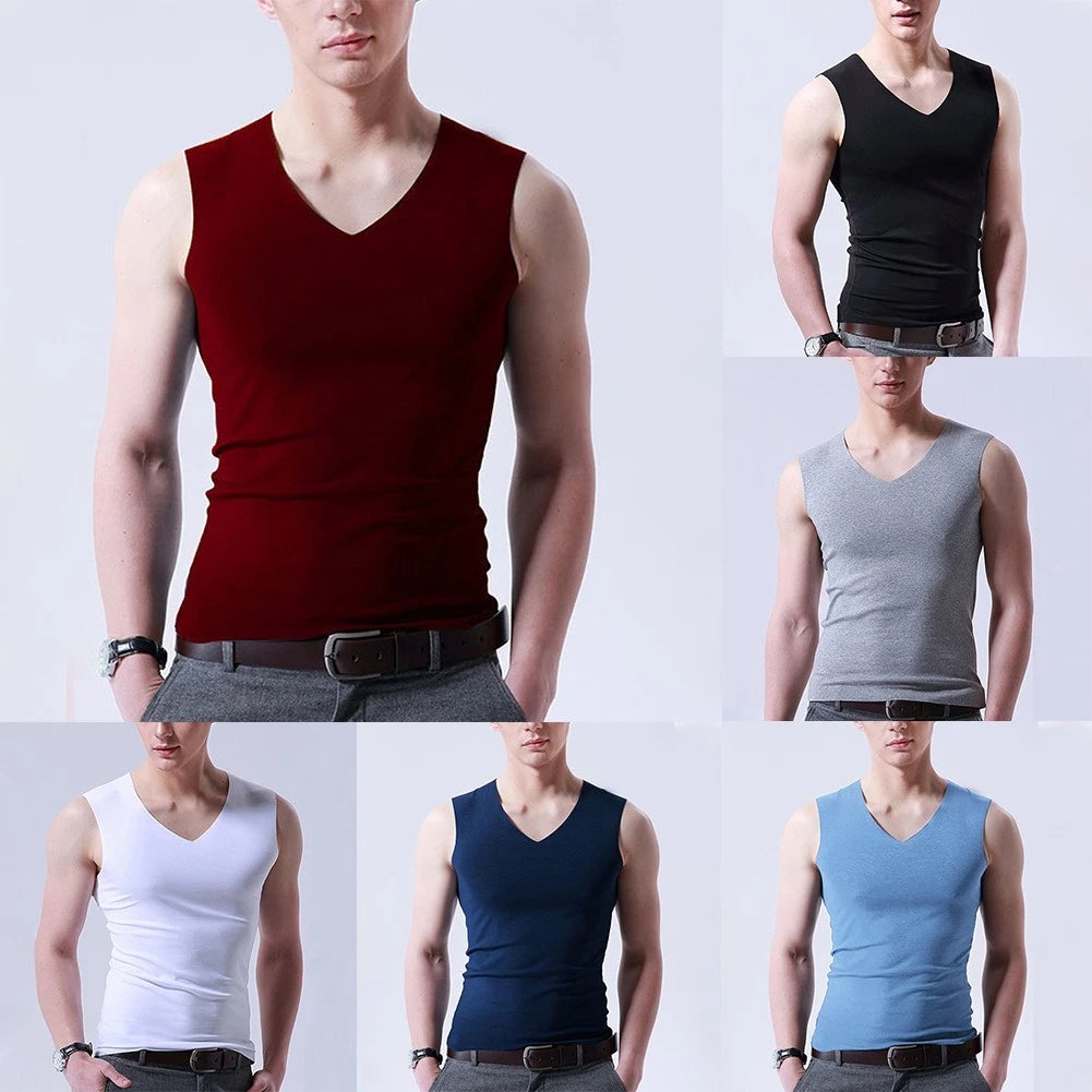Trendy Muscle T Shirt Sleeveless Vest V Neck Undershirt suitable for Men