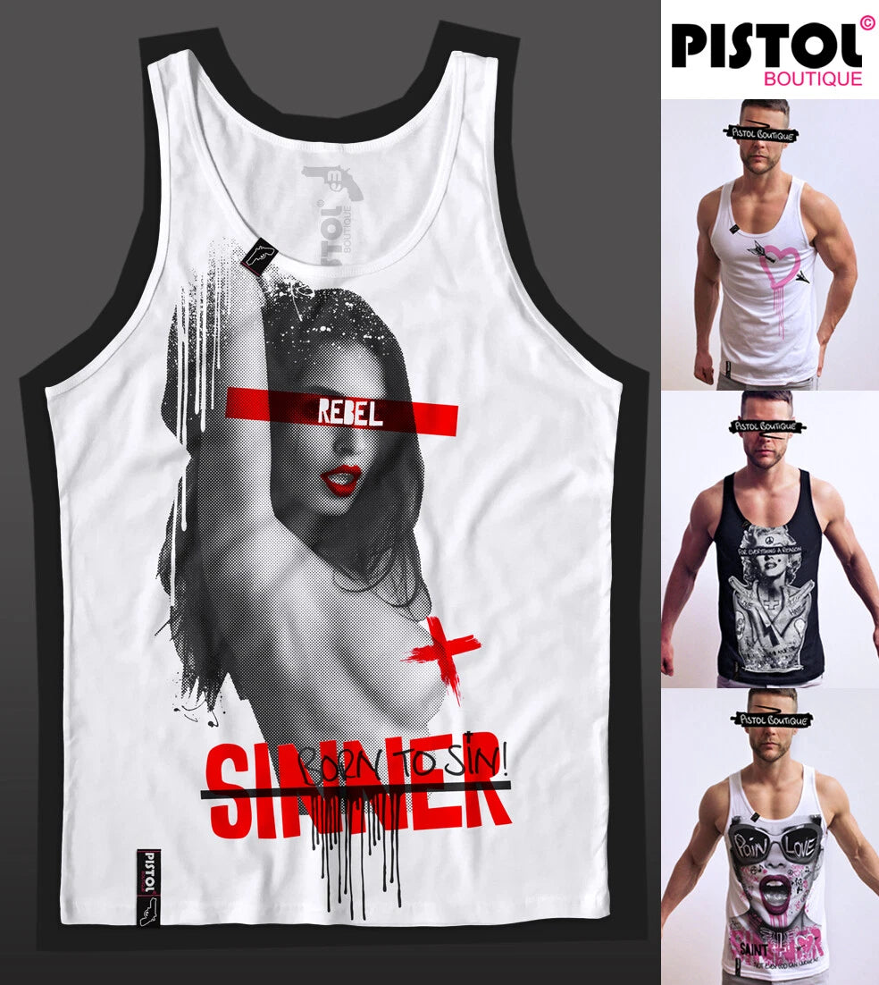 Pistol Boutique men's White BORN TO SIN SINNER REBEL GIRL singlet Vest Top Tank