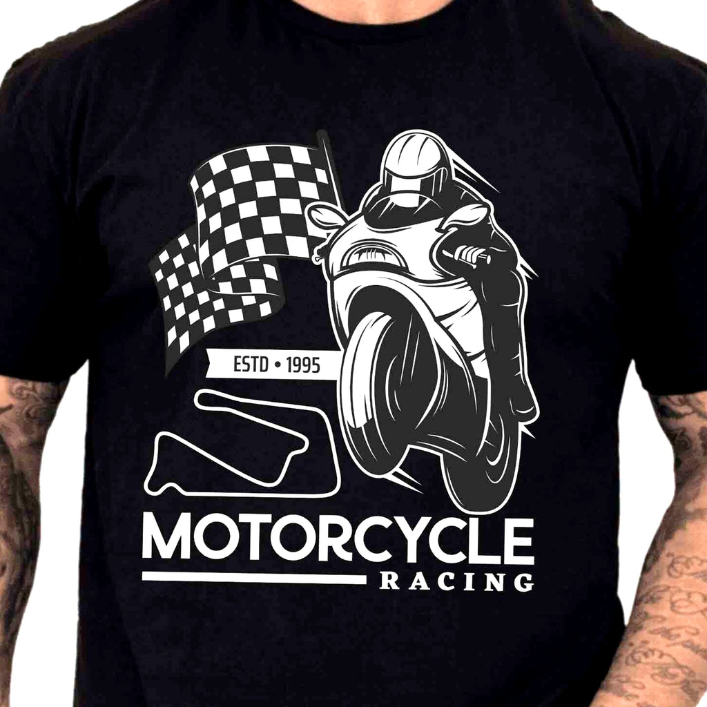 Motorcycle Racing T-Shirt Checkered Flag Rider Graphic Tee Vintage Cafe Racer