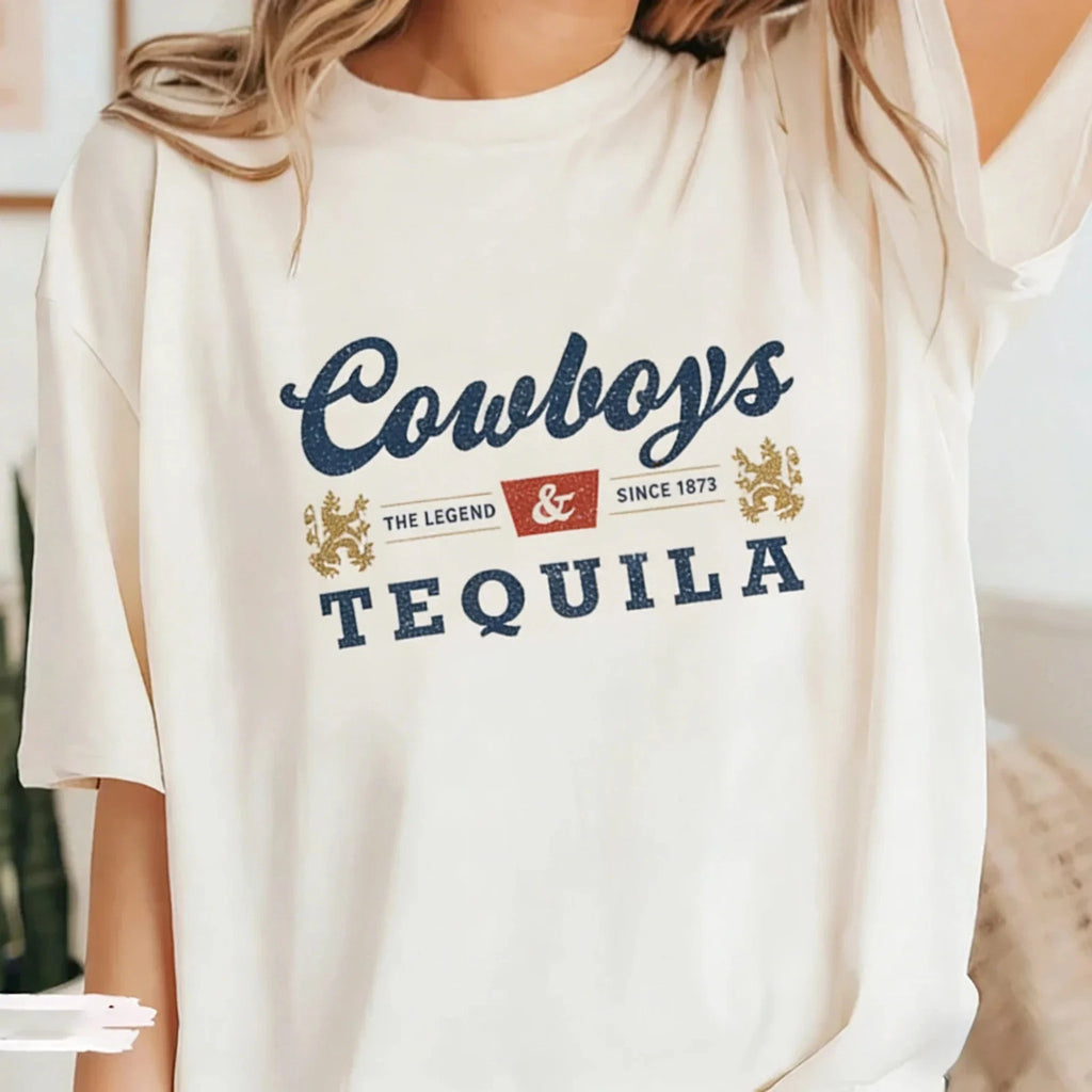 Cowboys Tequila Graphic Tees Funny Drinking T-Shirts Short Sleeve Vintage
