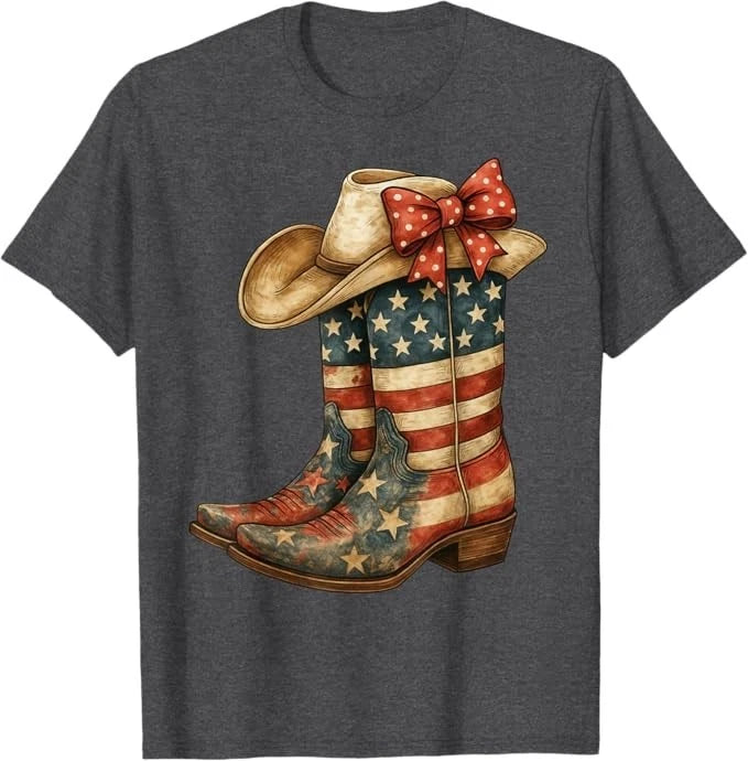 Retro Western Cowboy Boots Cowgirl American Flag 4th of July T-Shirt
