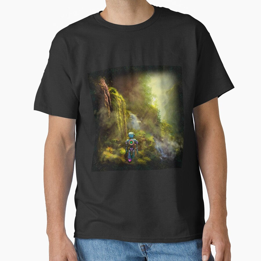 Cute Robot walking at a Cliff with Waterfall by Pixelbloomz