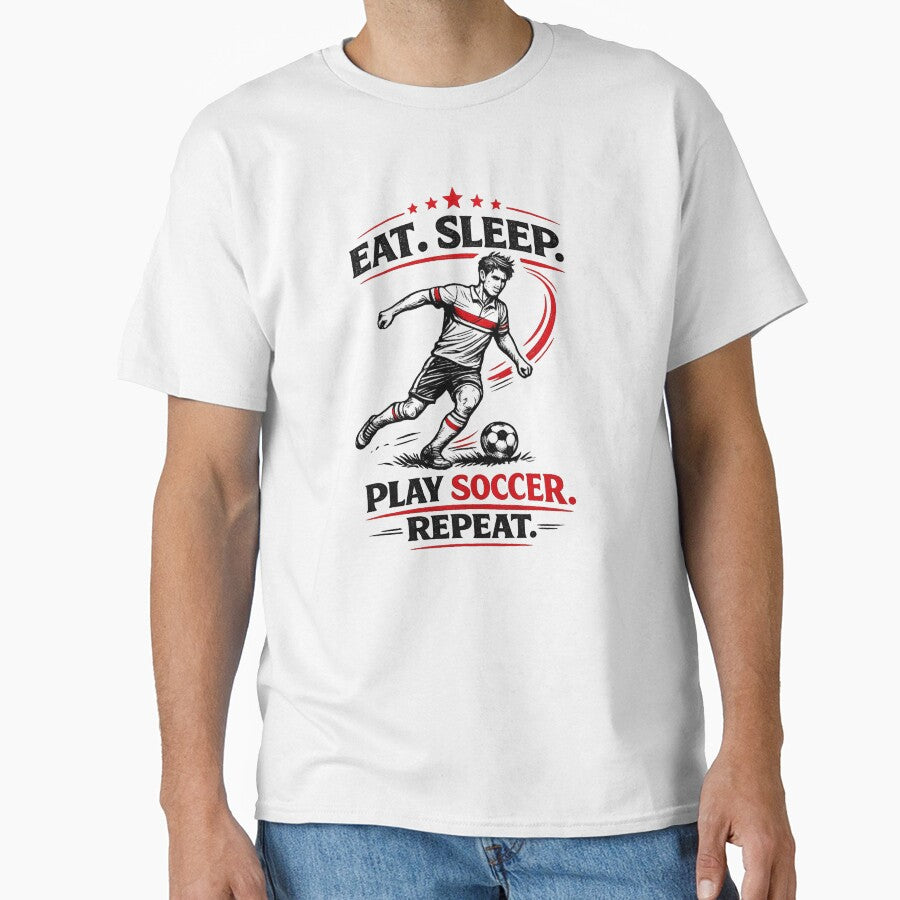 Eat Sleep Play Soccer Repeat – Retro Football Player Line Art (Black & Red) by Cleora Art