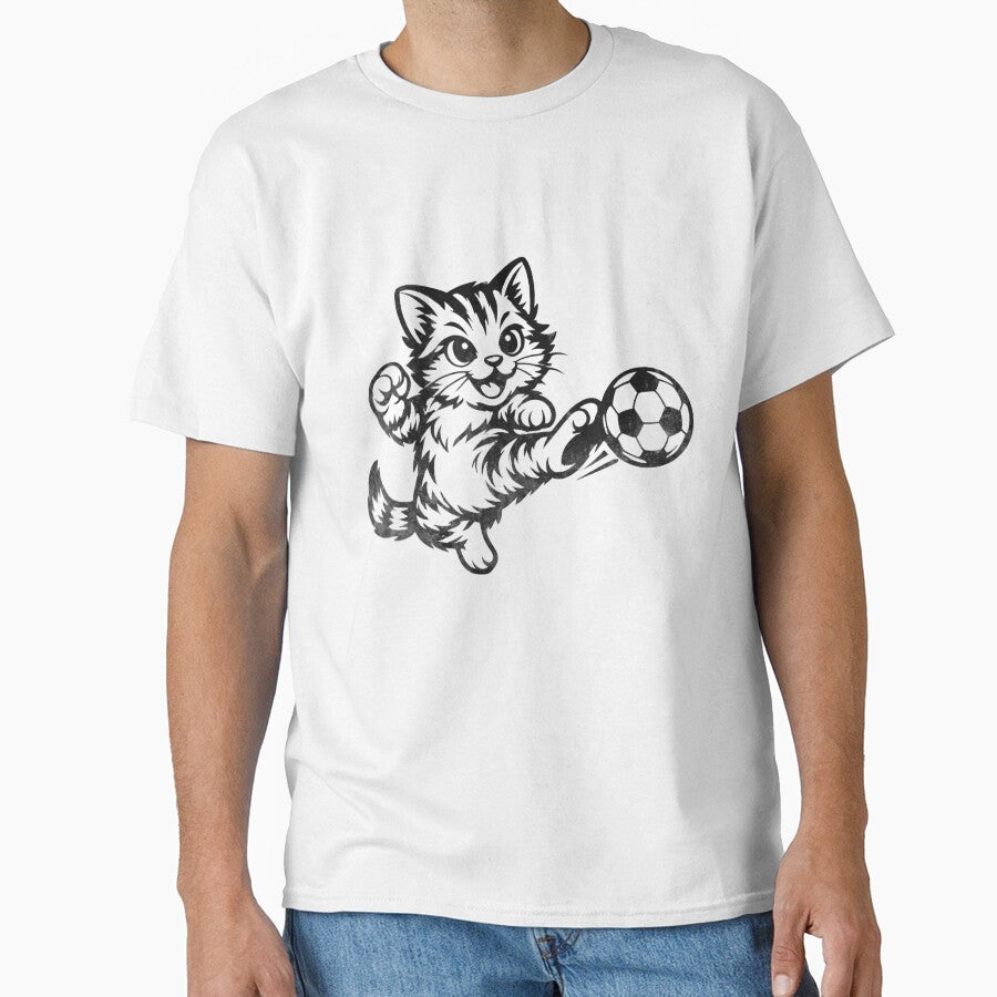 Funny Soccer Cat Kicking Ball Minimalist Line Art Cat Playing Football by BernoNickel