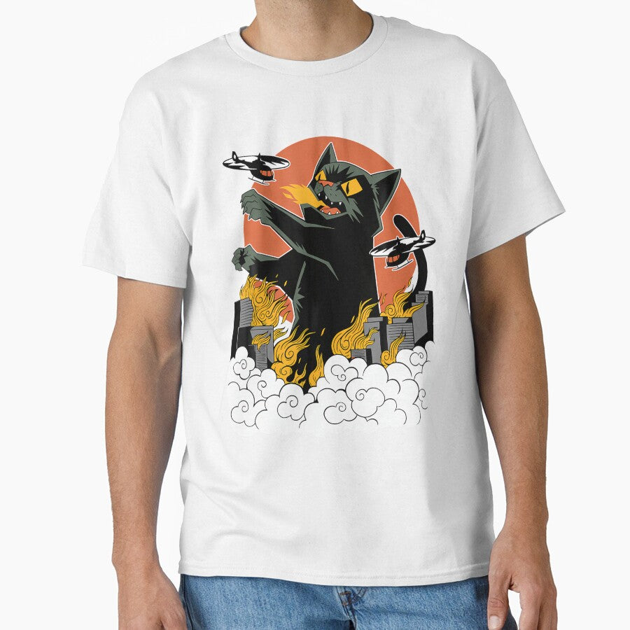 Black Japanese Catzilla Sunset 	 - Classic Fit Crew Neck Cotton  Polyester Blend by vanesajoer