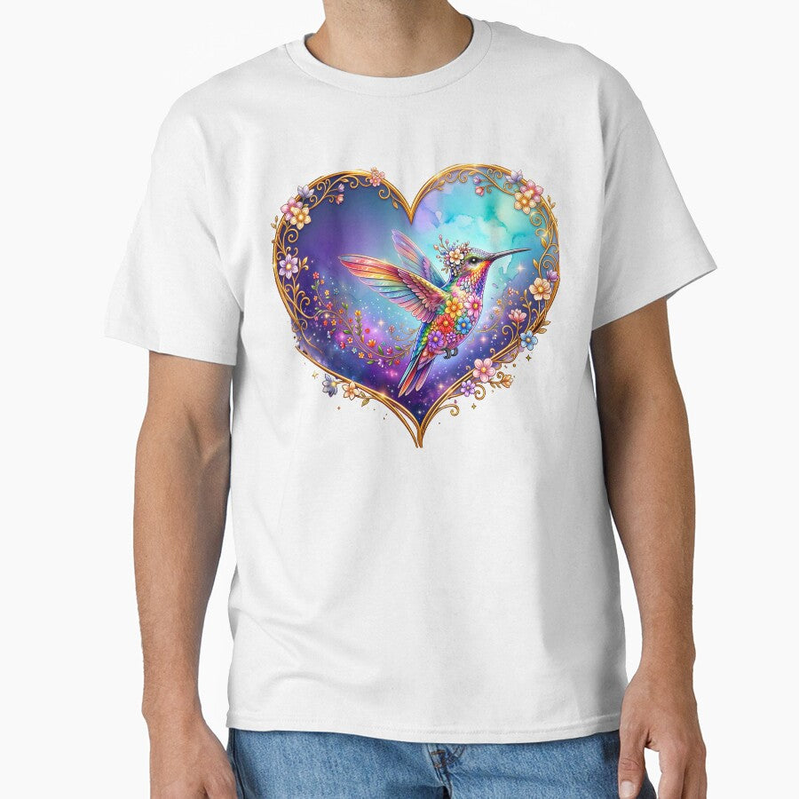 Colorful Hummingbird Heart T-Shirt | Watercolor Bird Heart Design by PIKASSO2026