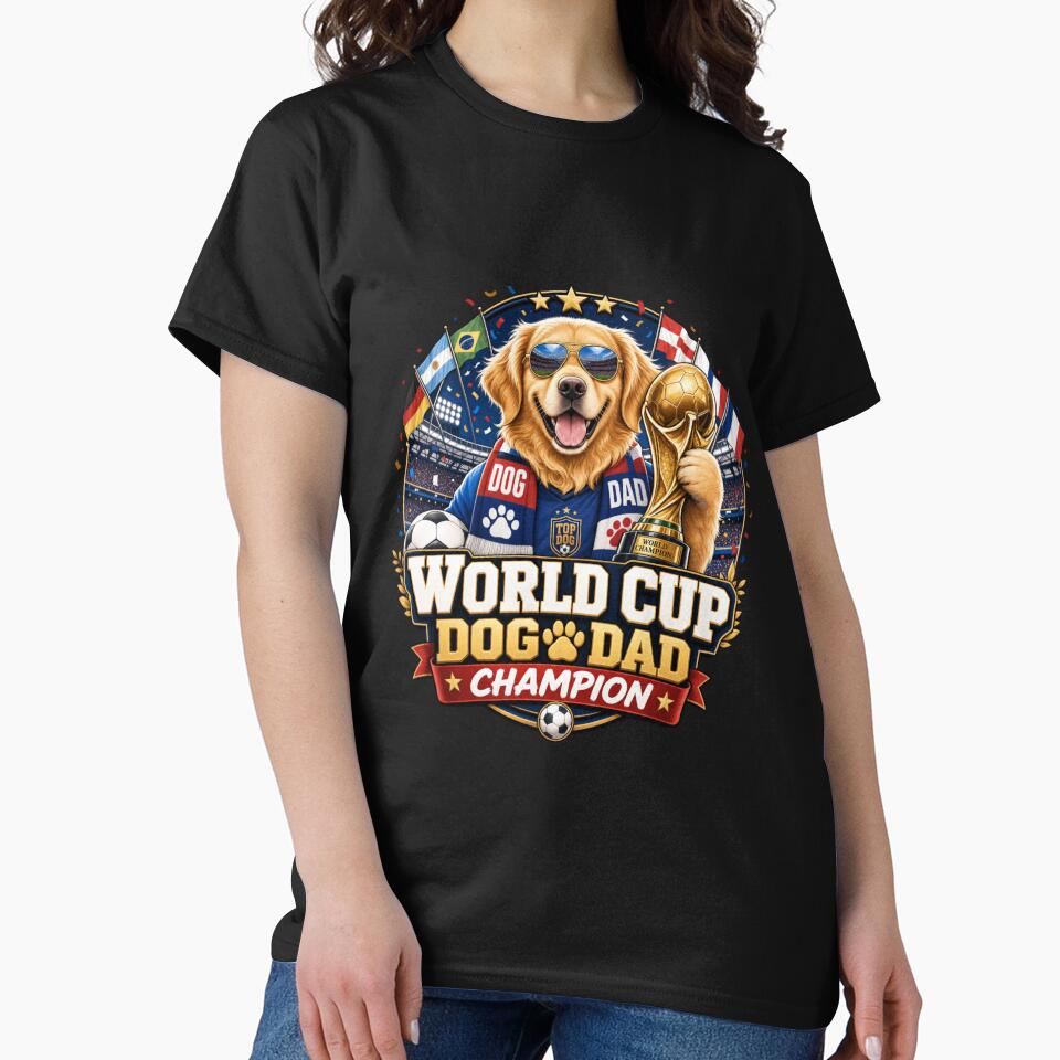 World Cup Dog Dad Champion Golden Retriever Kawaii Soccer T-Shirt by Ashley critters