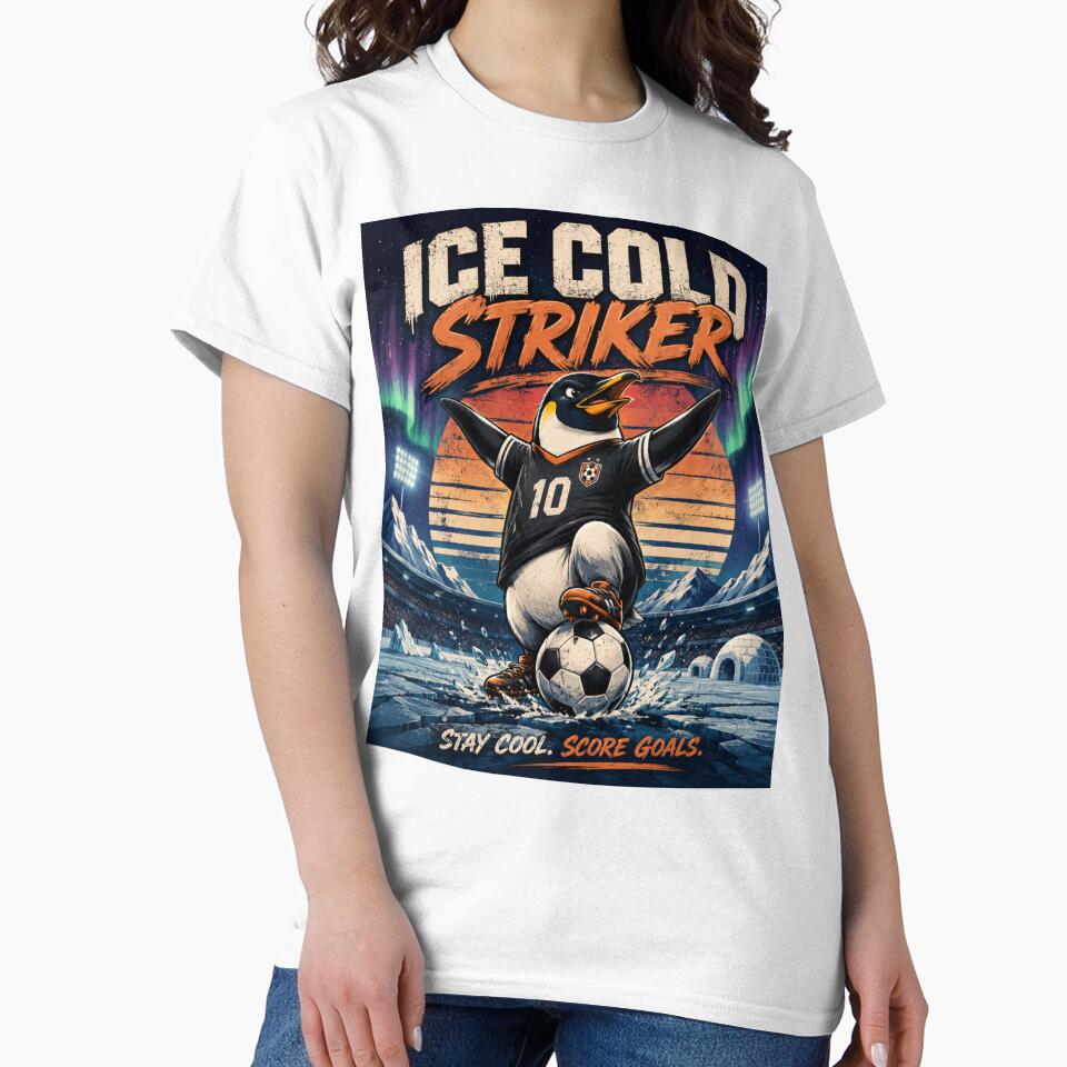 Funny Football Penguin T-Shirt | Ice Cold Striker Retro Sports Design | Soccer Lover Gift by MedRoh