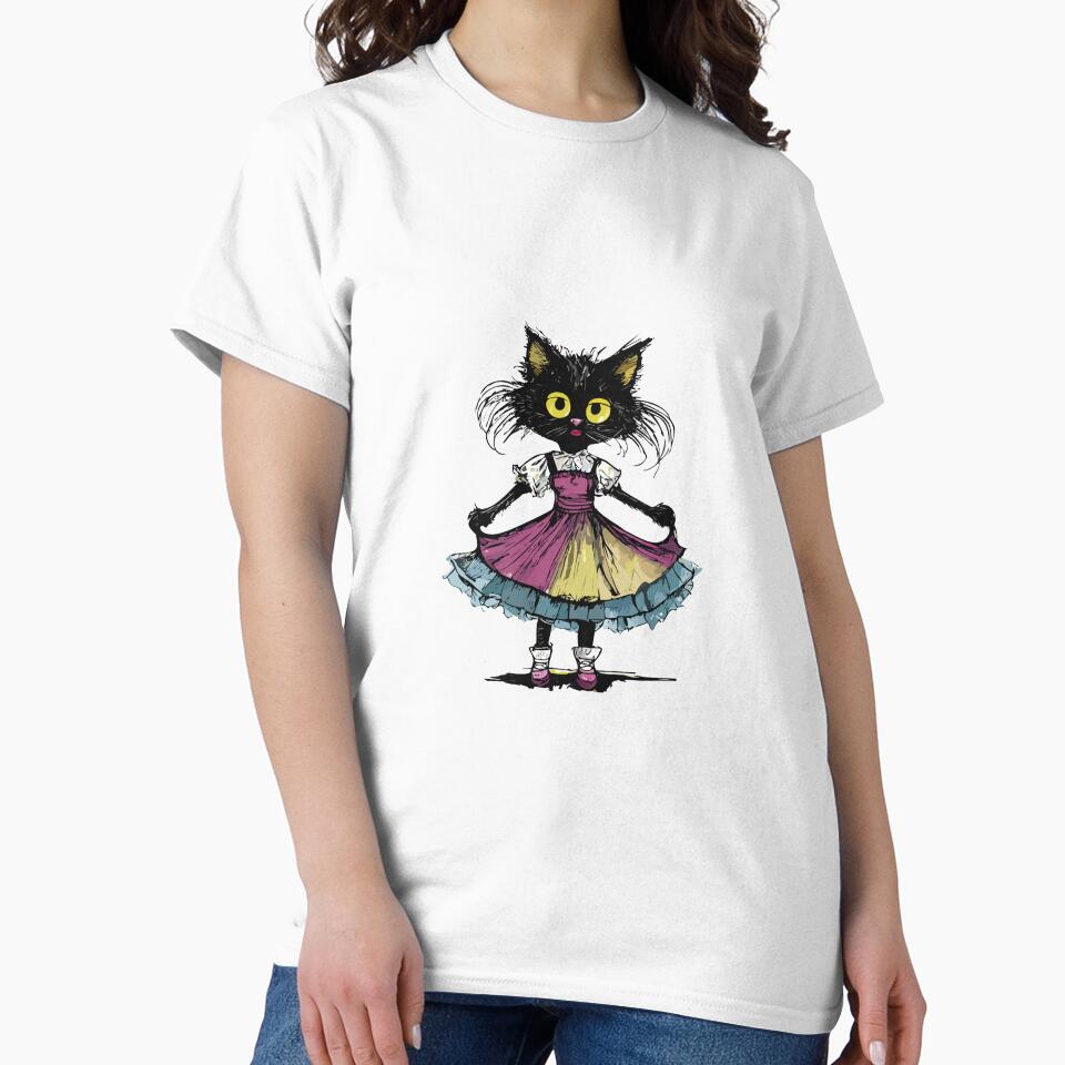 small black cat grumpy with thin legs in a dress by Firas Aljazzar