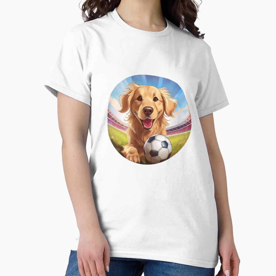 circular happy golden retriever puppy with soccer football on field by planetgolden