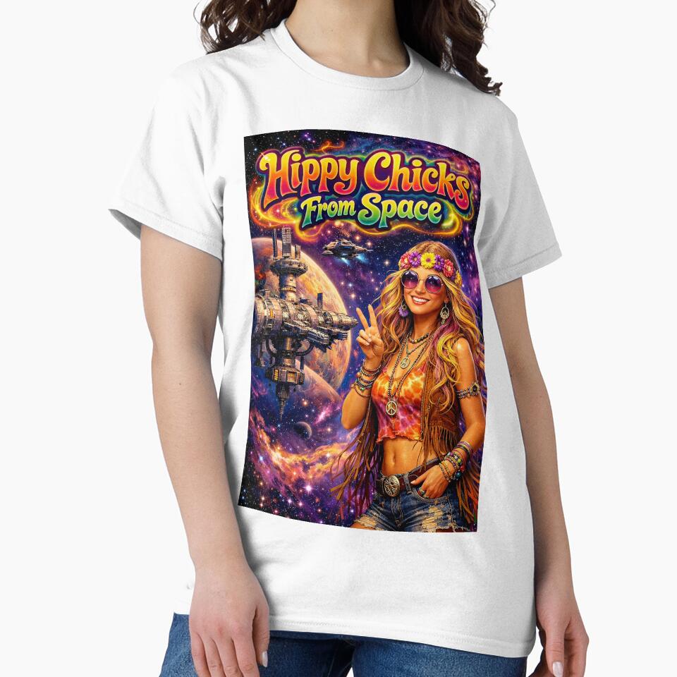 Hippy Chicks From Space - Groovy Space Hippie Girl with Peace Sign & UFO Poster by David Brookes Digital