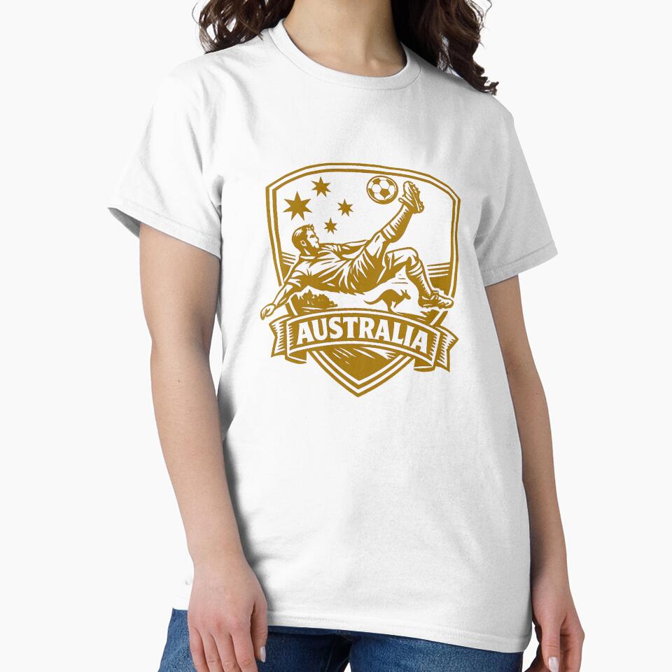 Australia Soccer Crest Shirt – Gold Football Bicycle Kick Design with Kangaroo & Southern Stars by JonelCrafts