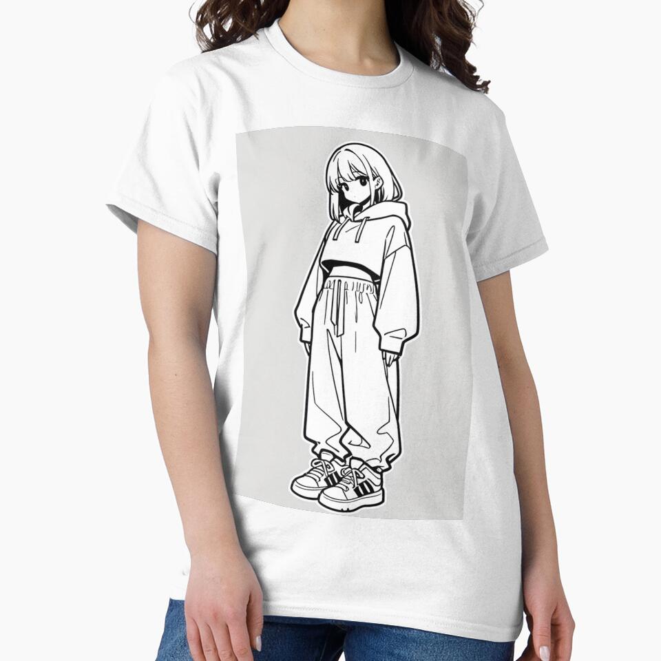 Fashion - Girl in White Crop Hoodie Baggy Pants Striped Sneakers by AnimeShin
