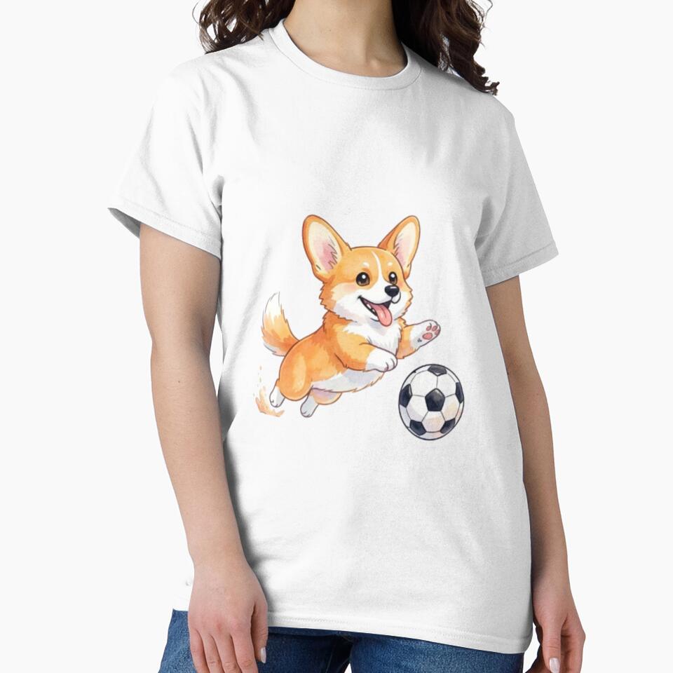 Cute Corgi Puppy Playing Soccer Watercolor Illustration by RonBear-Designs