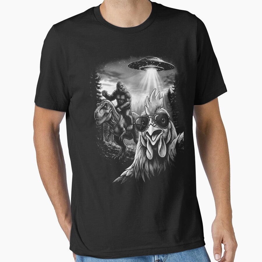 Funny Graphic Cat Selfie with Bigfoot Riding T Rex Dinosaur by UniTeeCo