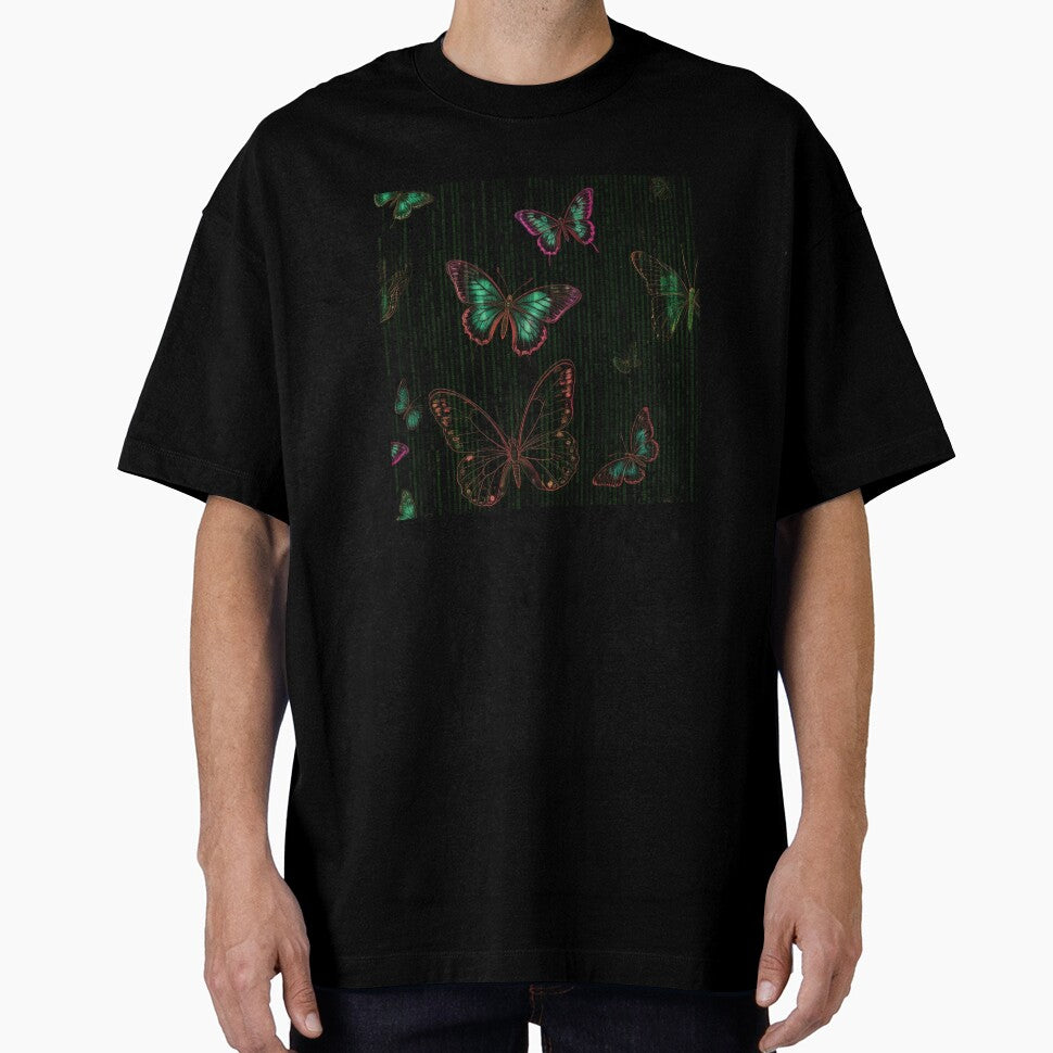 Techno Glam: Neon Butterflies & Matrix Code Fusion by SeanOsShirts
