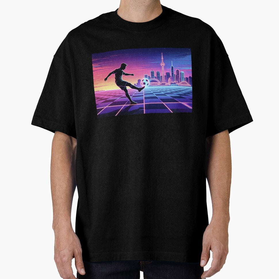 Neon Soccer Player Silhouette Retro City Skyline Sports T-Shirt by DreamyTupelo