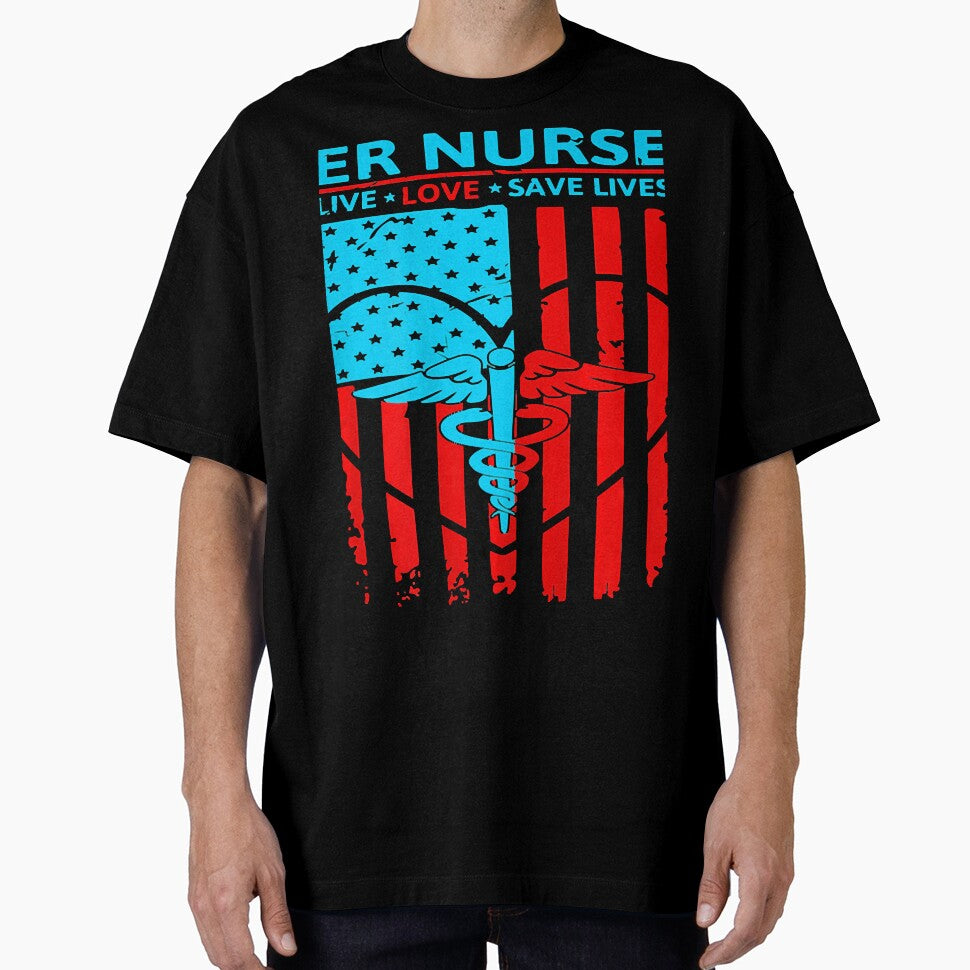 ER Nurse Distressed American Flag Short Sleeve by Jennife3043113