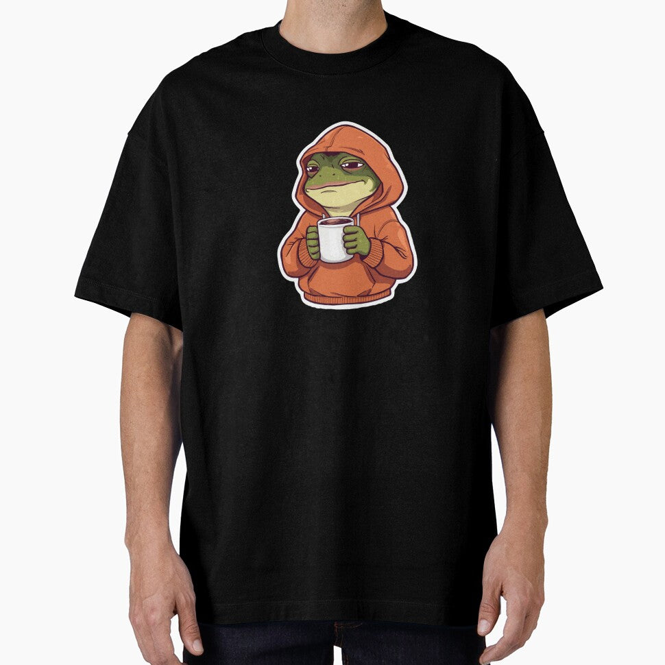 Tired Frog with Coffee – Cozy Cartoon Mood in Oversized Hoodie by Aesthicer