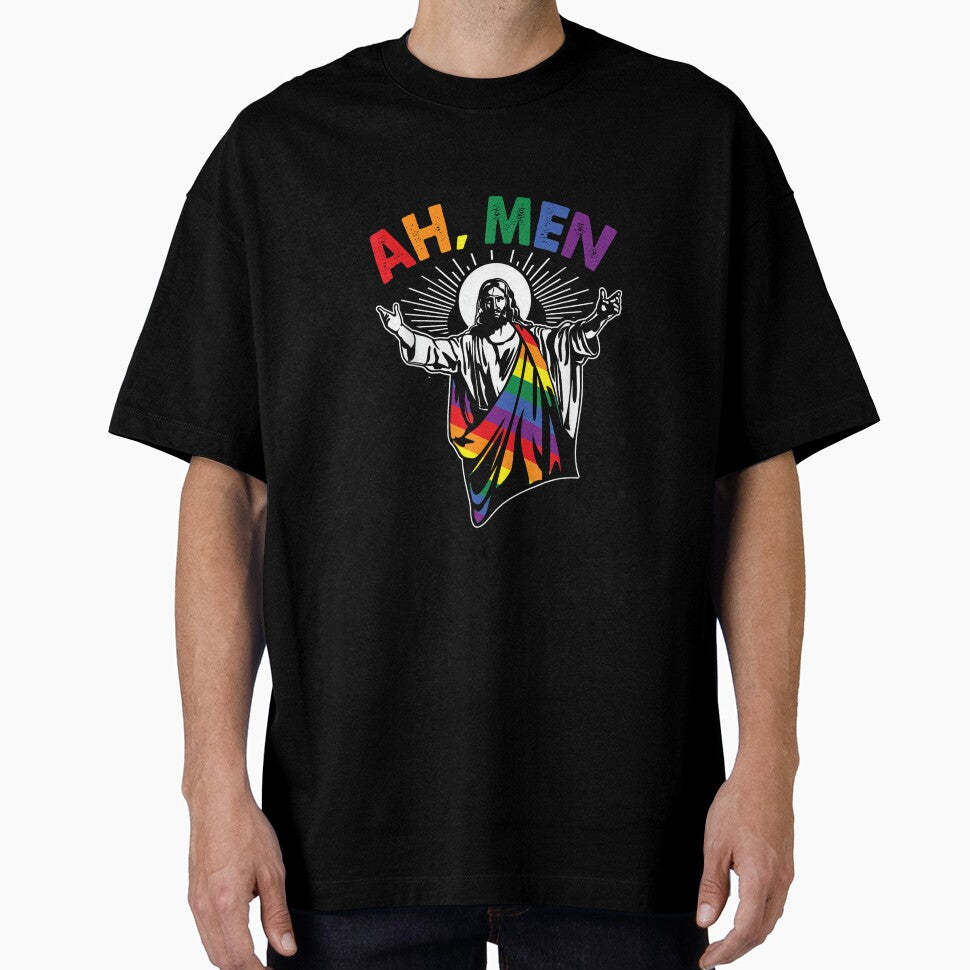 Ah Men Funny LGBT Gay Pride Jesus Rainbow Flag Christian Short Sleeve by LisaMCasares