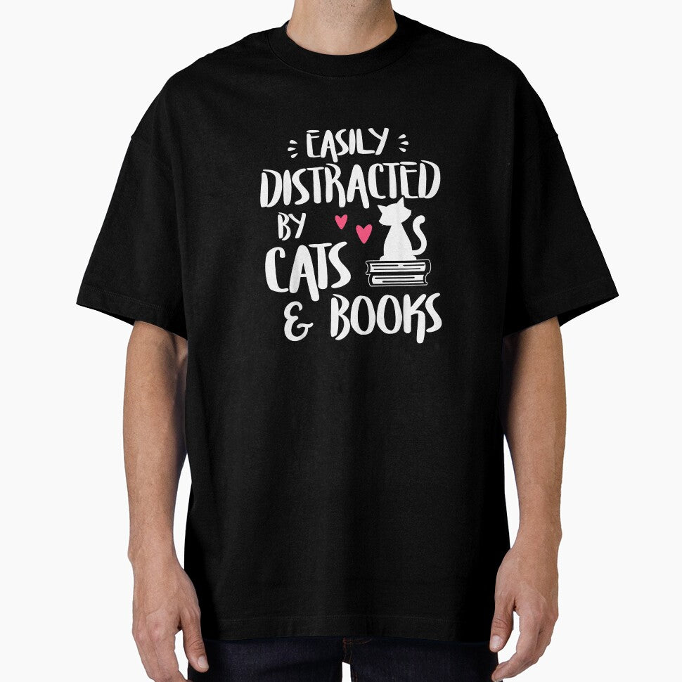 Easily Distracted by Cats and Books - Cat & Book Lover,Short Sleeve T-Shirt by SavsMerch