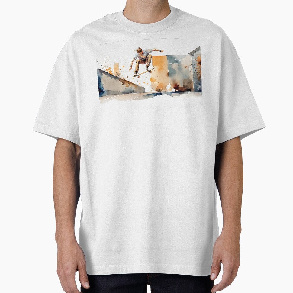 Skater mid-air against a vibrant cityscape, depicted in dynamic watercolor strokes by homydesign
