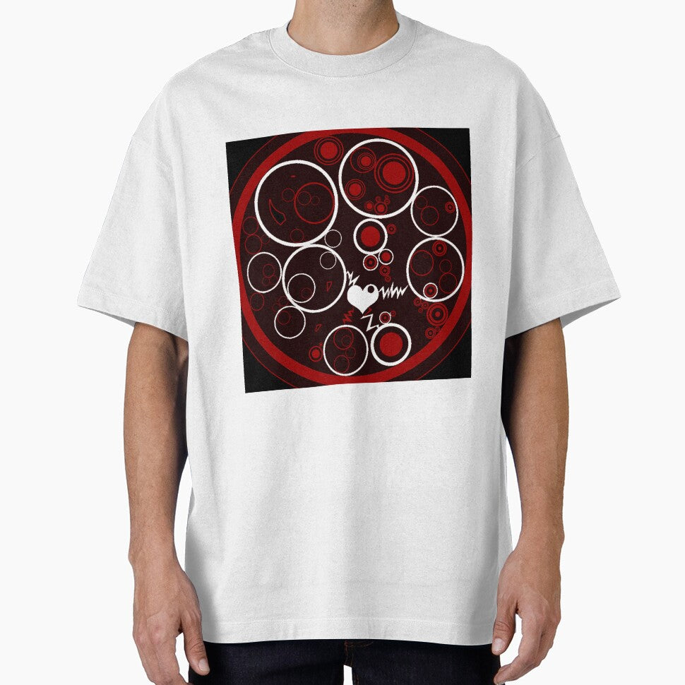 RED AND BLACK CIRCLES WITH LIGHTNING WHITE LOVE HEART ART DESIGN by ozcushionstoo