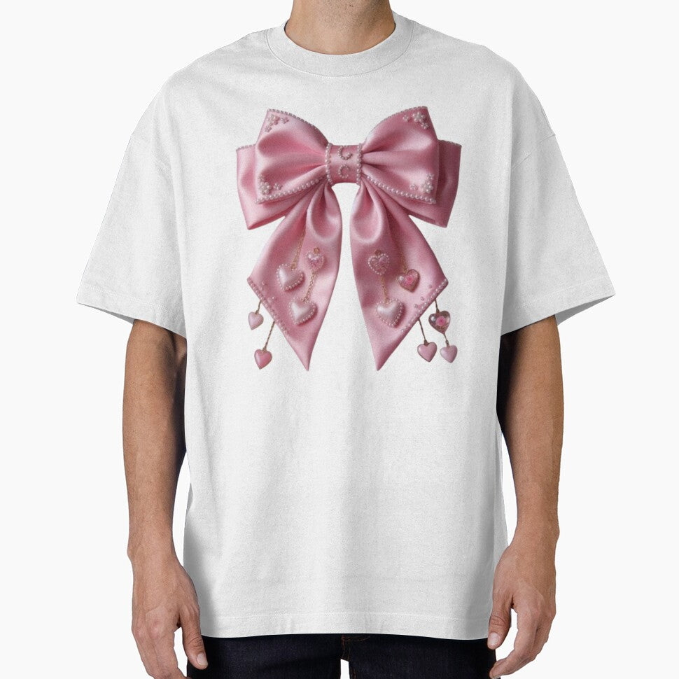 Large elegant pink satin coquette bow with tiny pearls and dangling hearts, soft girl aesthetic by polo-designs