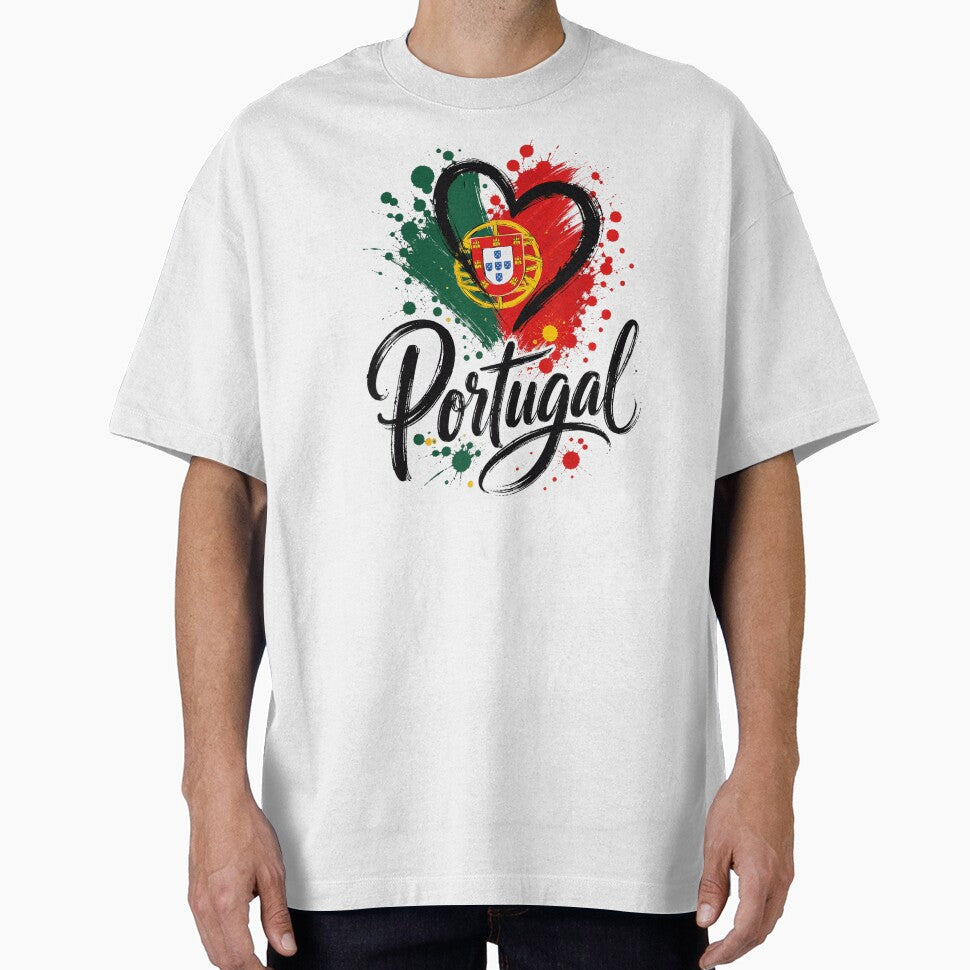 Portugal Flag Heart Ink Splatter National Pride Calligraphy Football Fan T Shirt by DienesAngele