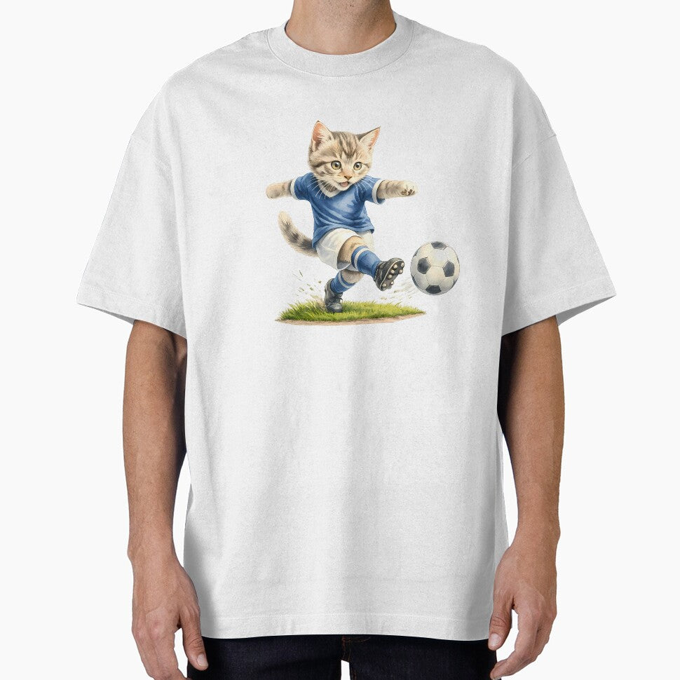 Blue Soccer Tabby Cat T-Shirt – Football Kick Illustration (Crisp Grass Edge) by XingXingJia