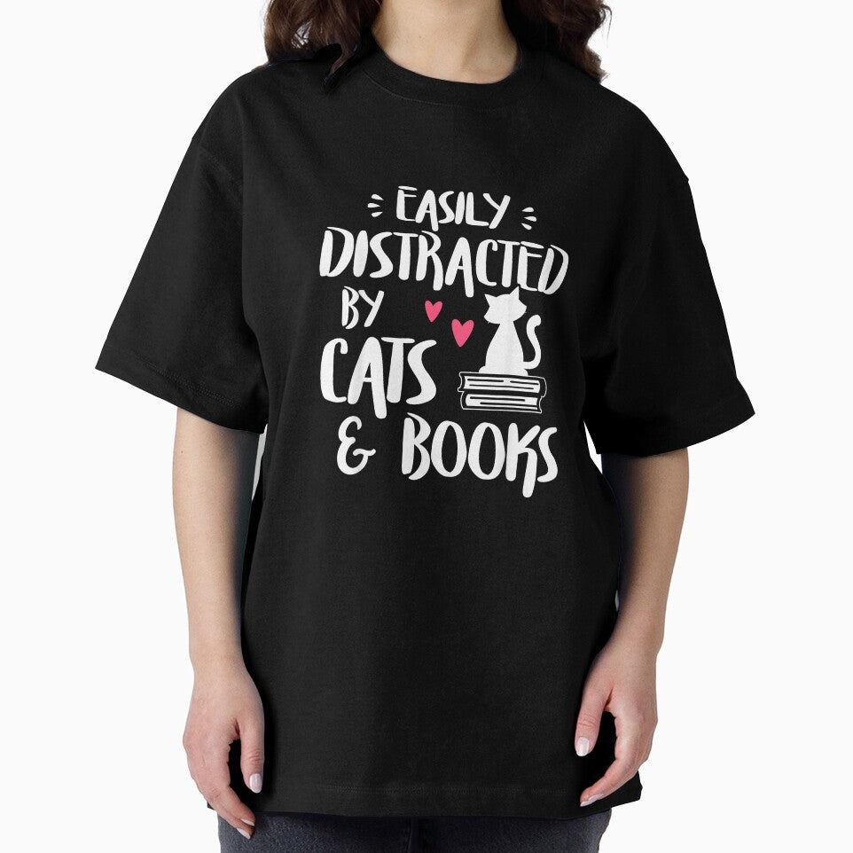 Easily Distracted by Cats and Books - Cat & Book Lover,Short Sleeve T-Shirt by SavsMerch