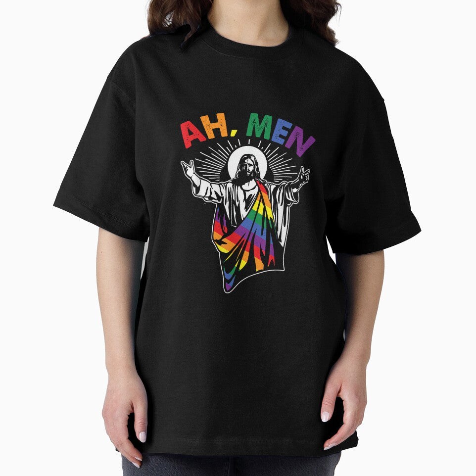 Ah Men Funny LGBT Gay Pride Jesus Rainbow Flag Christian Short Sleeve by LisaMCasares