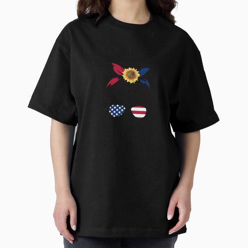 American Sunflower girl Cotton Tee, Short Sleeve Crewneck Graphic T-Shirt by mraihan