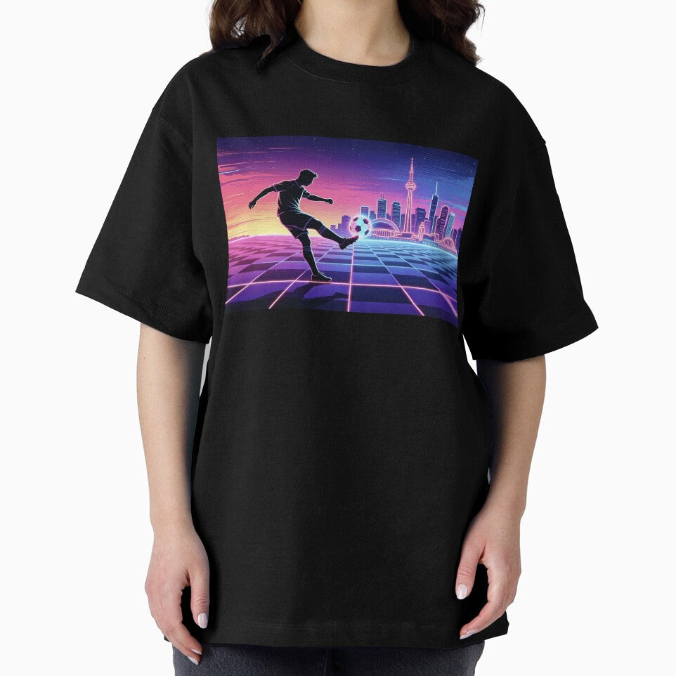 Neon Soccer Player Silhouette Retro City Skyline Sports T-Shirt by DreamyTupelo