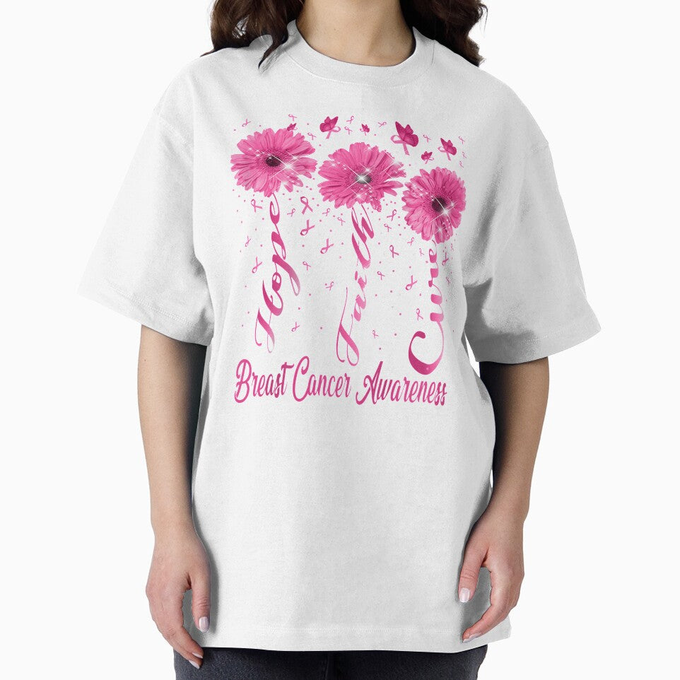 Hope Faith Cure Pink Daisy Flower Breast Cancer Awareness Raglan Baseball Tee by JethroShop