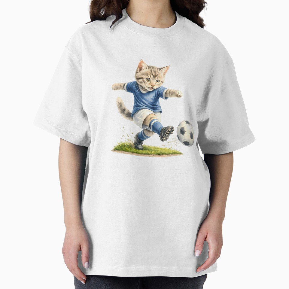 Blue Soccer Tabby Cat T-Shirt – Football Kick Illustration (Crisp Grass Edge) by XingXingJia
