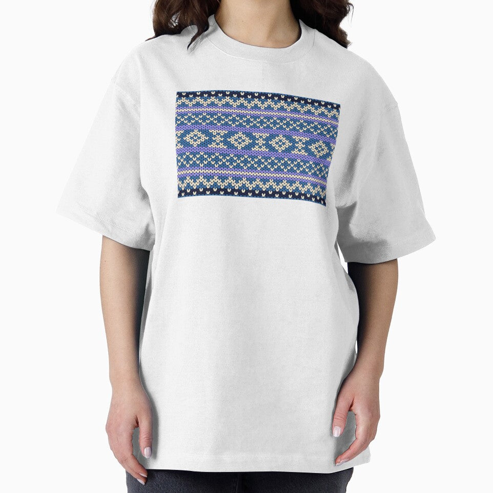 A knitted pattern in shades of dark blue and purple, with cream-colored stripes in a native boho style. by Nengsang