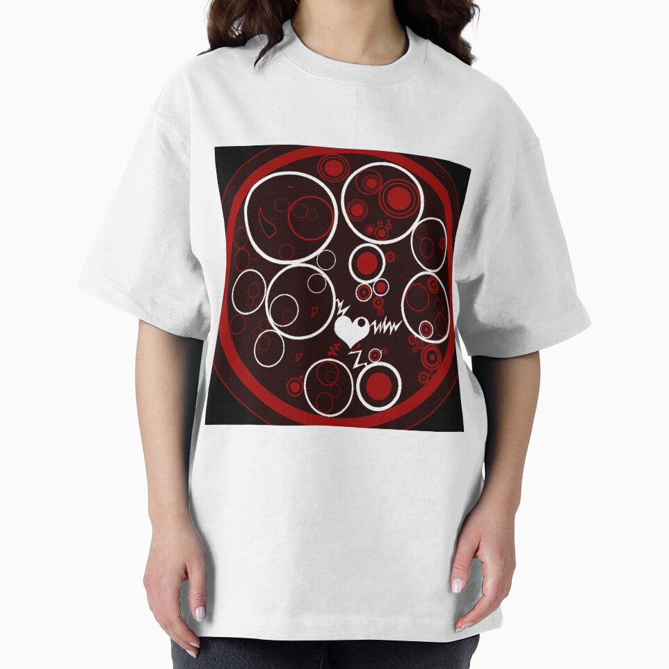 RED AND BLACK CIRCLES WITH LIGHTNING WHITE LOVE HEART ART DESIGN by ozcushionstoo