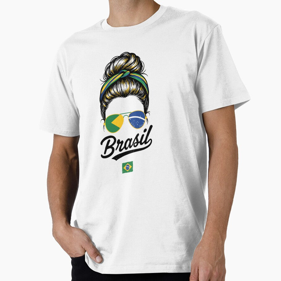 Brazil Pop Art Woman T-Shirt – Vintage Woodcut Brazilian Flag Sunglasses Graphic for Proud Brazil Supporters by paulo silveira