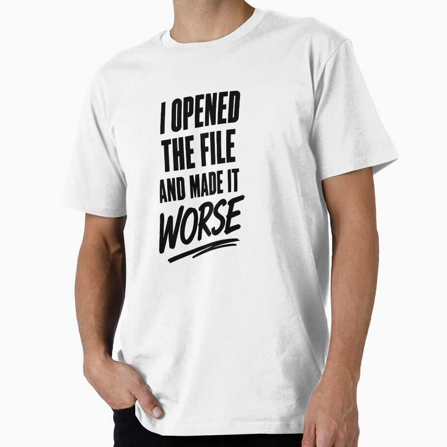 I Opened The File And Made It Worse – Graphic Designer Humor Sticker, Creative Burnout Quote by WhiteRabitDesigns