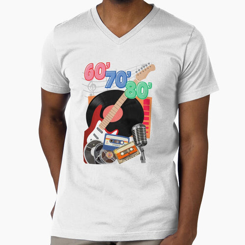 60's 70's 80's music | Guitar, vinyl record, magnetophone tape, compact cassette and microphone | Classic T-Shirt by PERIferyART