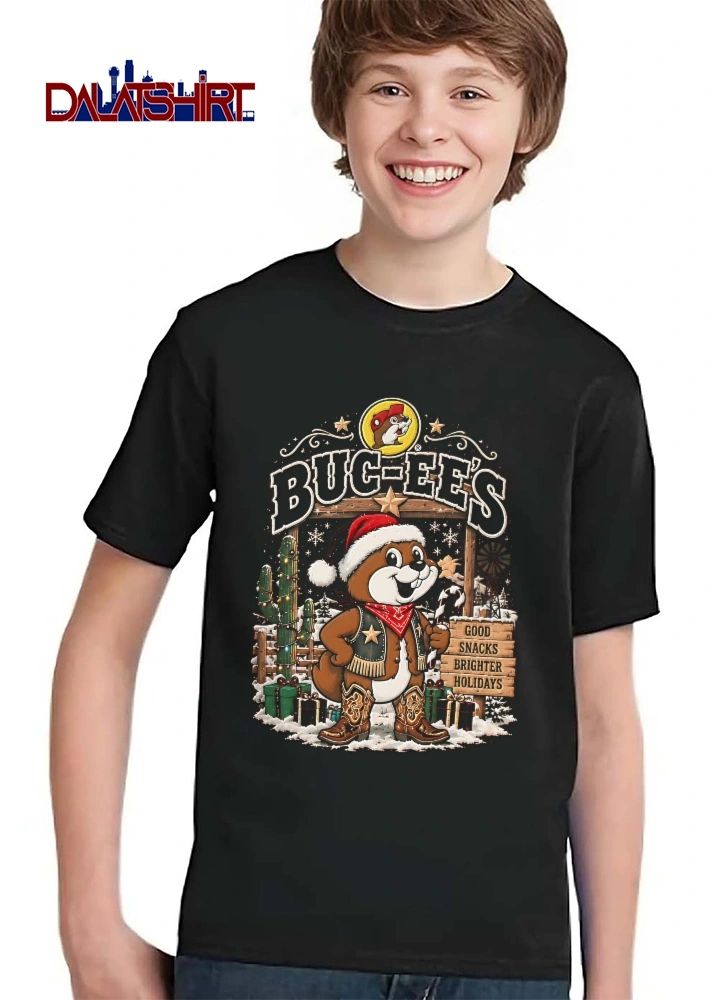 Bucees Good Snacks Brighter Holidays Cartoon Christmas Beaver Boots Candy Cane shirt