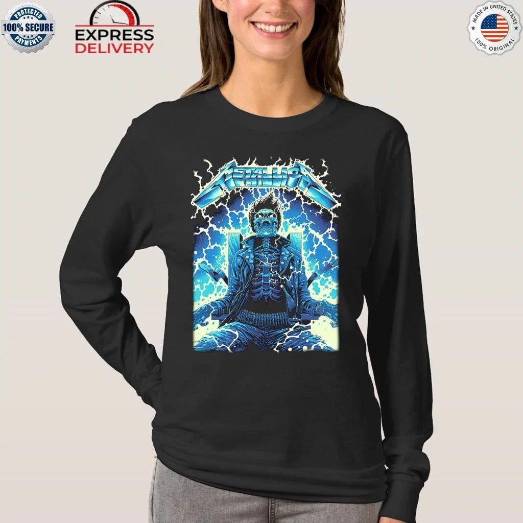 Metallica Ride The Lightning Artwork By Luke Preece Australia M72 Tour Exclusive Art Skeleton On The Electric Chair Shirt