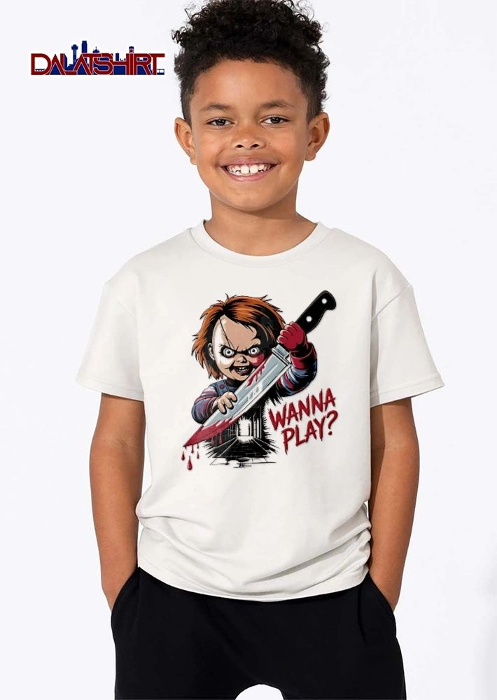 Wanna Play Scary Evil Doll Holding Bloody Knife Alleyway shirt