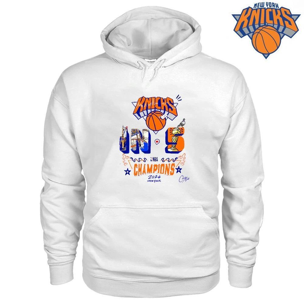 New York Knicks Champions NBA 2026 Knicks in 5 Cartoon Skyline Shirt